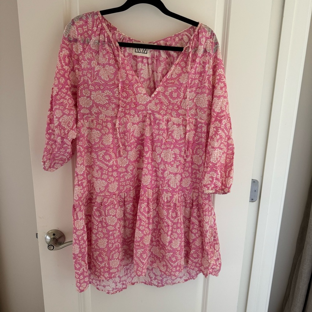 SZ Blockprint Tuckernuck Pink, White, Orange Mini Dress | M